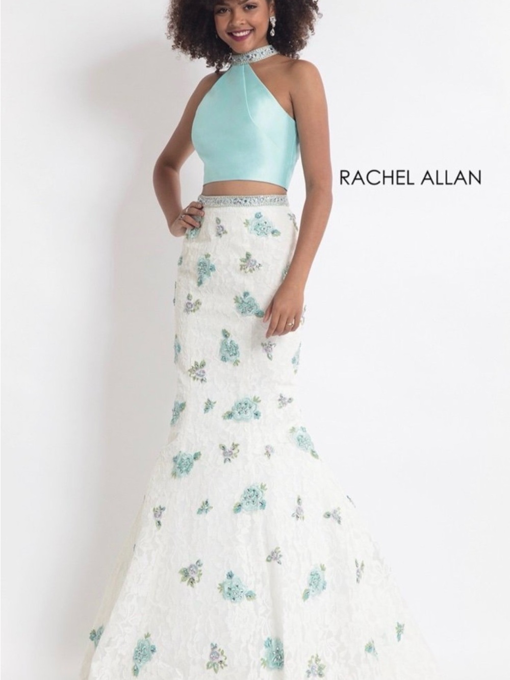 Rachel Allan Teal Two-Piece Floral Mermaid Prom/Homecoming Gown